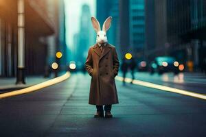 en kanin bär en täcka och hatt står i de mitten av en stad gata. ai-genererad foto