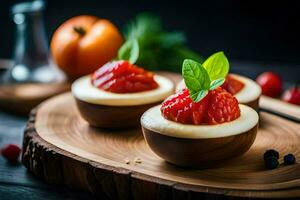 tre mini desserter med jordgubbar och mynta på en trä- styrelse. ai-genererad foto