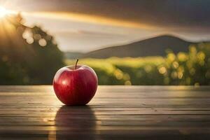 ett äpple sitter på en trä- tabell i främre av en solnedgång. ai-genererad foto