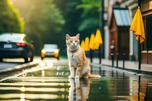 en katt Sammanträde på de sida av en gata i de regn. ai-genererad foto