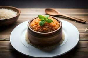 en skål av ris med morötter och mynta löv på en trä- tabell. ai-genererad foto