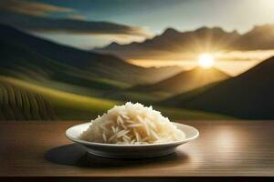 ris i en skål på en tabell med bergen i de bakgrund. ai-genererad foto