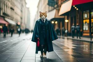 en katt i en täcka och klänning gående ner en gata. ai-genererad foto