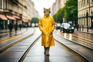 en katt i en gul regnkappa gående ner en stad gata. ai-genererad foto