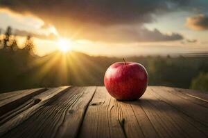 ett äpple sitter på en trä- tabell i främre av de Sol. ai-genererad foto