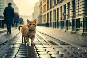 ett orange katt gående ner en kullersten gata. ai-genererad foto