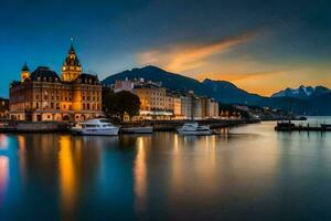 de stad av lyon, schweiz på skymning. ai-genererad foto