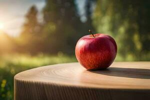 ett äpple sitter på topp av en trä- tabell i främre av en fält. ai-genererad foto