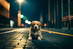 en hund Sammanträde på de gata på natt. ai-genererad foto