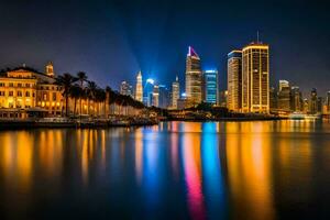 de stad horisont på natt i Singapore. ai-genererad foto