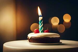 en födelsedag kaka med en enda ljus. ai-genererad foto