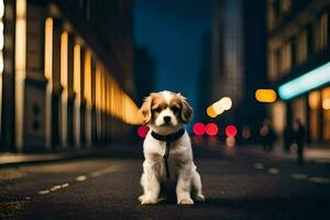 en hund Sammanträde på de gata på natt. ai-genererad foto