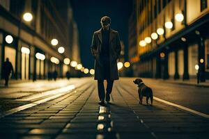 en man och hans hund gående ner en gata på natt. ai-genererad foto