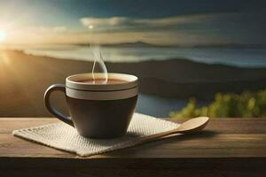 en kopp av kaffe på en trä- tabell med en se av de soluppgång. ai-genererad foto