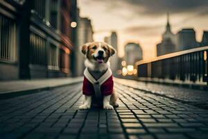 en hund bär en röd Tröja sitter på en tegel väg. ai-genererad foto