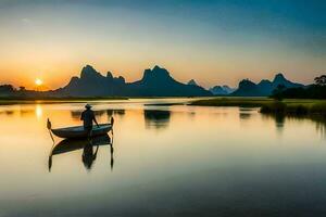 en man i en båt på de flod på solnedgång. ai-genererad foto