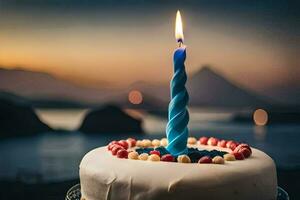 en födelsedag kaka med en blå ljus. ai-genererad foto