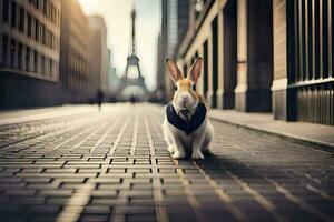 en kanin i en kostym stående på en gata. ai-genererad foto