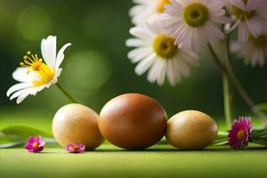 tre ägg och daisy på en grön bakgrund. ai-genererad foto