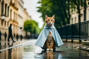 en katt bär en blå cape på en regnig gata. ai-genererad foto