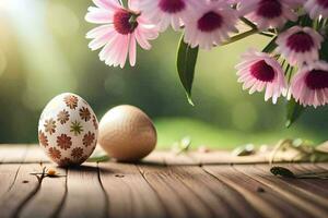 påsk ägg på en trä- tabell med blommor. ai-genererad foto