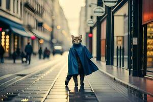 en katt i en blå täcka stående på en gata. ai-genererad foto
