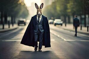en kanin bär en kostym och slips gående ner en gata. ai-genererad foto