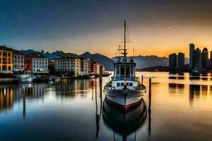 en båt dockad i de vatten på solnedgång. ai-genererad foto