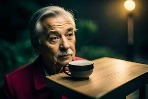ett äldre man Sammanträde på en tabell med en kopp av kaffe. ai-genererad foto