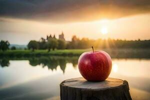 de äpple, solnedgång, sjö, vatten, natur, hd tapet. ai-genererad foto