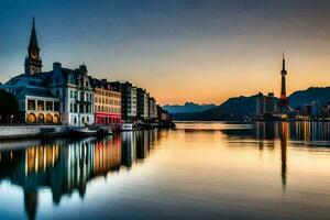 de stad av luzern är reflekterad i de vatten. ai-genererad foto