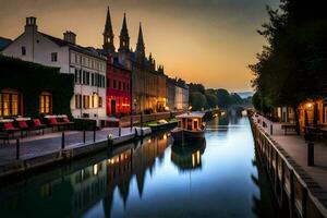 en kanal i Brugge, belgien på solnedgång. ai-genererad foto