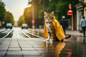 en katt i en gul regnkappa Sammanträde på de trottoar. ai-genererad foto