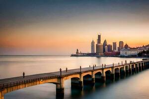 de stad horisont på solnedgång i shanghai. ai-genererad foto