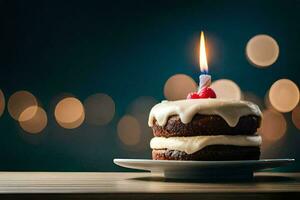 en födelsedag kaka med en enda ljus på topp. ai-genererad foto