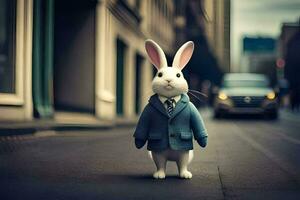 en vit kanin bär en kostym och slips på de gata. ai-genererad foto