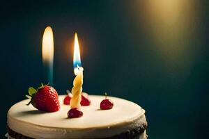 en födelsedag kaka med två ljus och en jordgubbe. ai-genererad foto