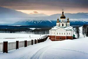 en kyrka i de snö med bergen i de bakgrund. ai-genererad foto