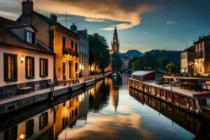 en kanal i de mitten av en stad på solnedgång. ai-genererad foto