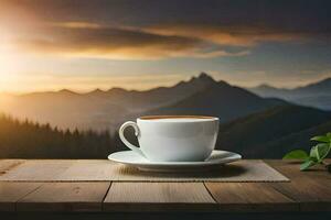 kaffe kopp på de tabell med bergen i de bakgrund. ai-genererad foto