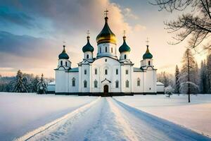 en vit kyrka med guld kupoler i de snö. ai-genererad foto