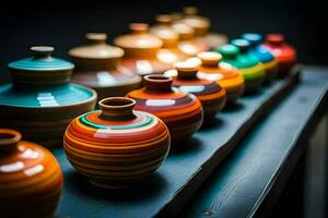 en rad av färgrik vaser fodrad upp på en tabell. ai-genererad foto