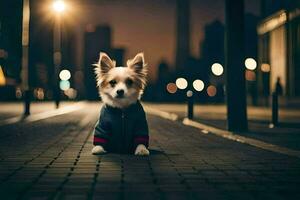 en hund i en jacka Sammanträde på de gata på natt. ai-genererad foto