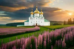 de kyrka är omgiven förbi lila blommor. ai-genererad foto