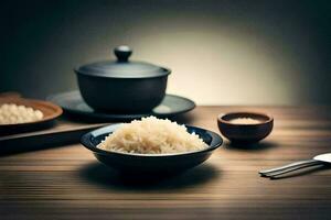 en skål av ris på en tabell med en sked och en kopp. ai-genererad foto