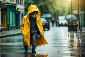 en person i en gul regnkappa gående ner en gata. ai-genererad foto