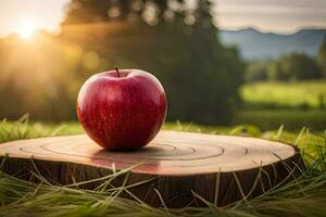 ett äpple sitter på en trä- styrelse i de gräs. ai-genererad foto
