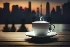 en kopp av kaffe på en trä- tabell i främre av en stad horisont. ai-genererad foto