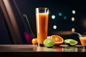 en glas av orange juice och en kalk. ai-genererad foto