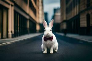 en vit kanin bär en rosett slips sitter på de gata. ai-genererad foto